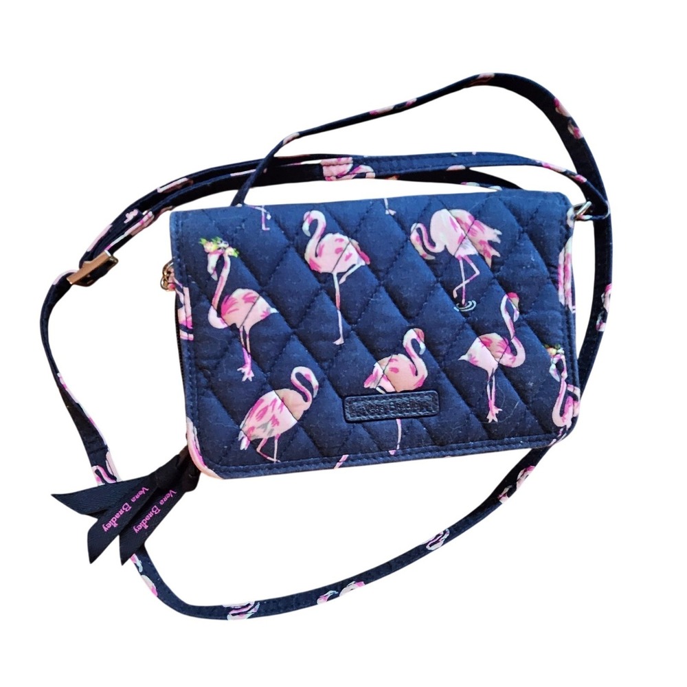Vera Bradley Navy Pink Flamingo Quiltedโ Cotton Crossbody Wallet Bag